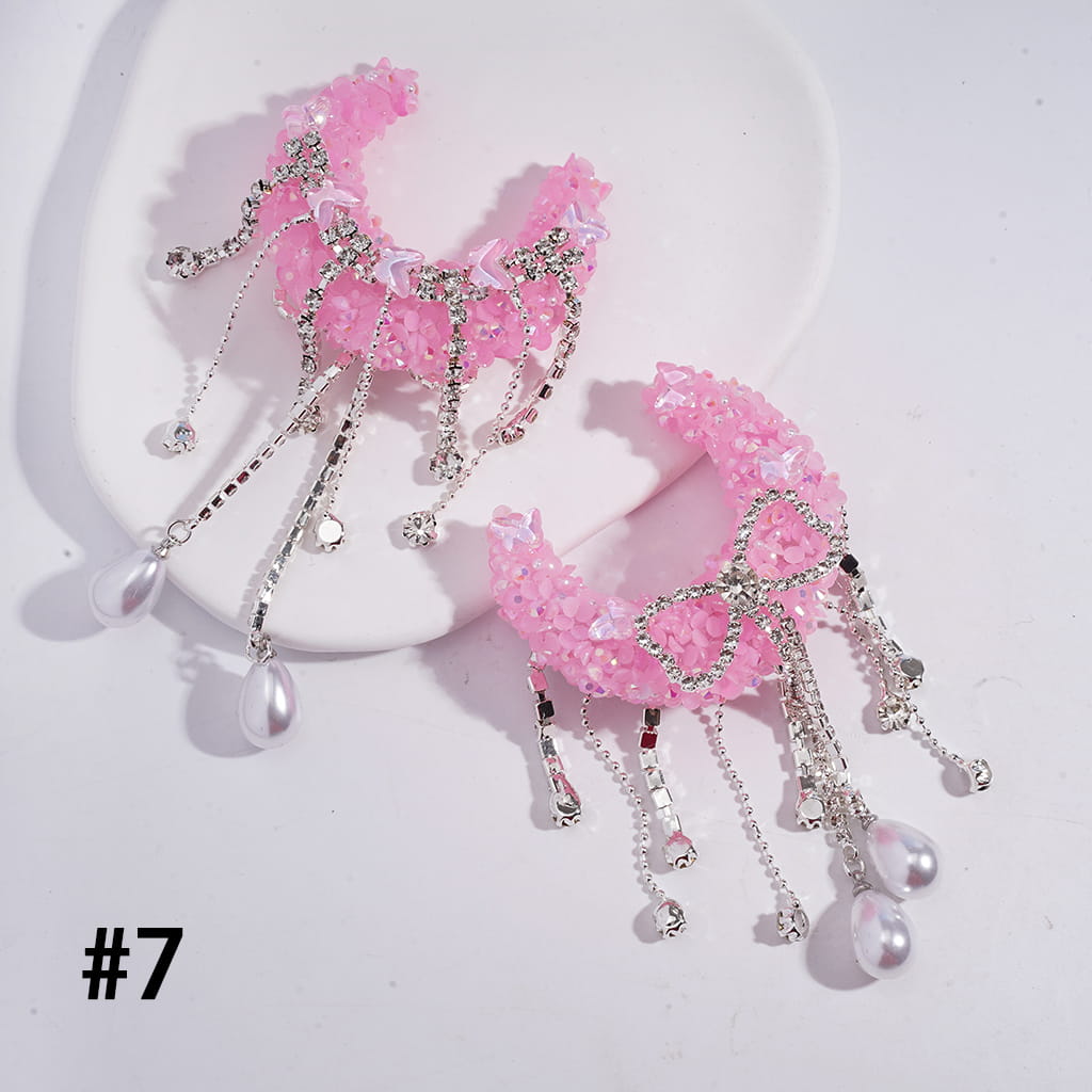 Handcrafted Sugar Crescent Moon Beads with Dreamy Sequin Rhinestones & Butterflies, Clear Rhinestone Chains Bowtie Tassels with Water Drop Pearls, Multi-Color