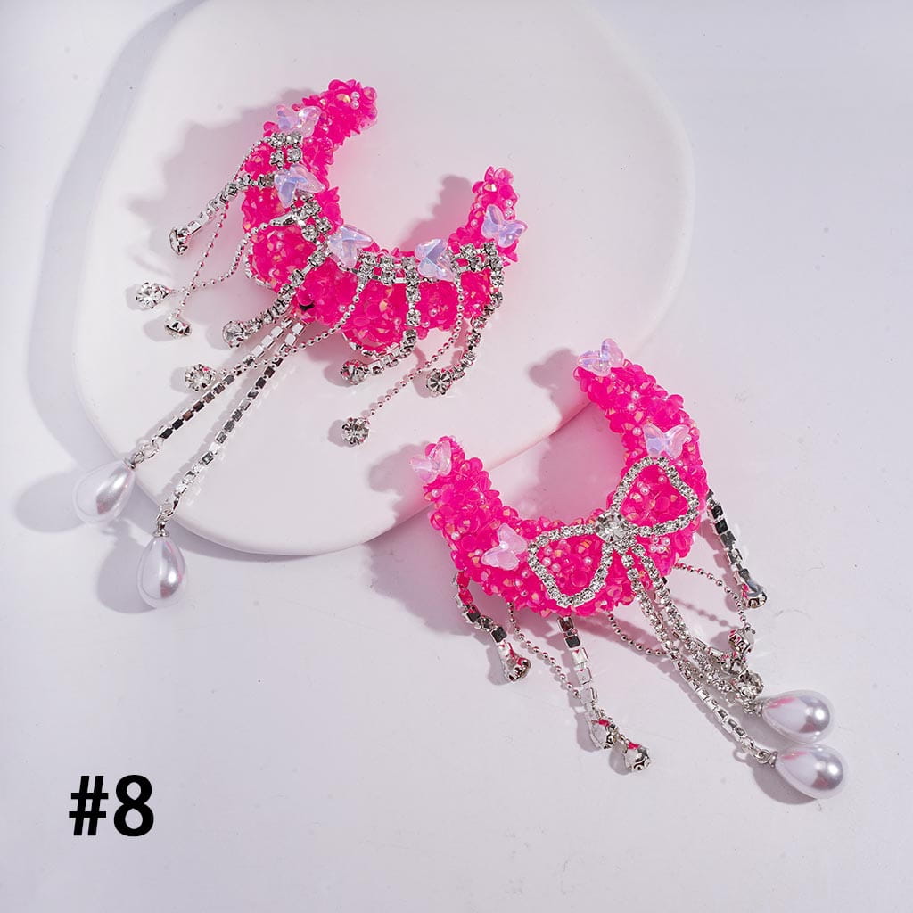 Handcrafted Sugar Crescent Moon Beads with Dreamy Sequin Rhinestones & Butterflies, Clear Rhinestone Chains Bowtie Tassels with Water Drop Pearls, Multi-Color