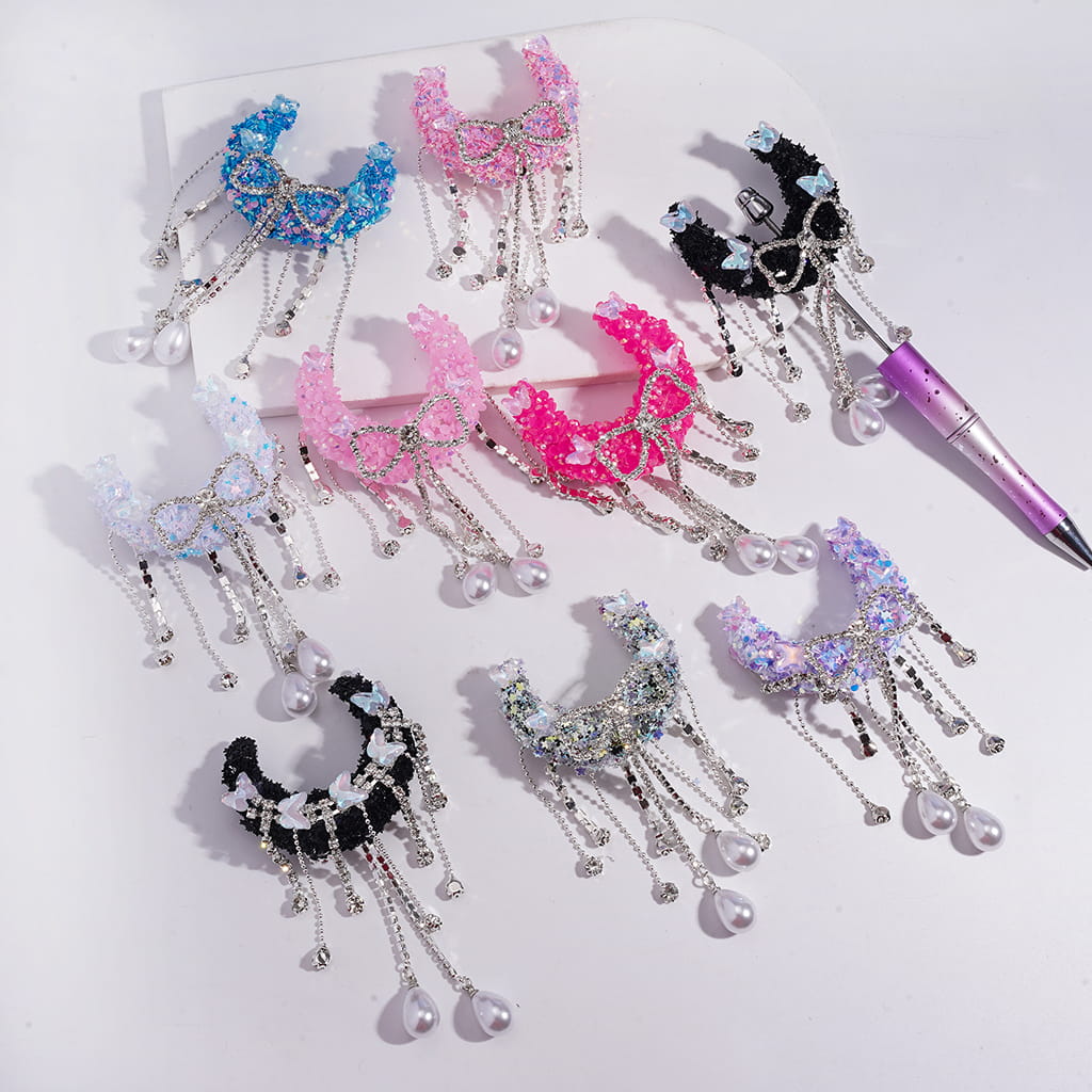 Handcrafted Sugar Crescent Moon Beads with Dreamy Sequin Rhinestones & Butterflies, Clear Rhinestone Chains Bowtie Tassels with Water Drop Pearls, Multi-Color