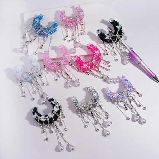 Handcrafted Sugar Crescent Moon Beads with Dreamy Sequin Rhinestones & Butterflies, Clear Rhinestone Chains Bowtie Tassels with Water Drop Pearls, Multi-Color