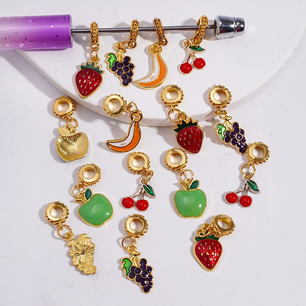 Gold Alloy Bail Beads with Butterfly, Charm Pendant Fruit Series, Random Mix