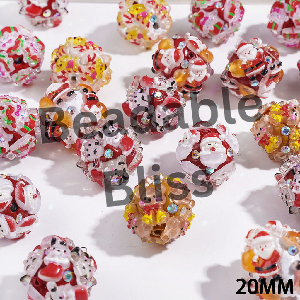 Clay Beads Christmas & Adorable Character Series Santa Claus Socks Elk Snowman Christmas Tree Wreath Bells Gifts Candy Cane AB Rhinestones 20MM, Random Mix