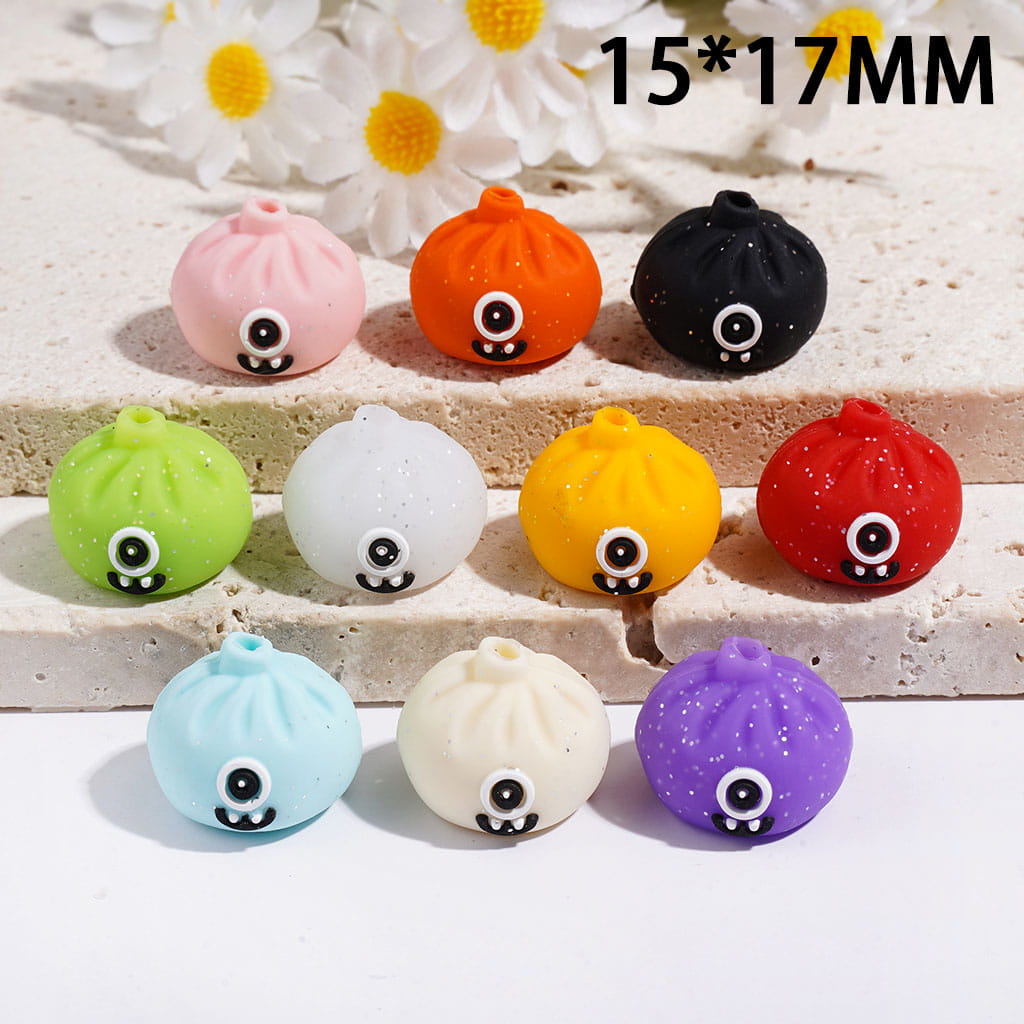 3D Funny Monster Dumpling with Silver Glitter Silicone Focal Beads, 15*17MM Multi-Color