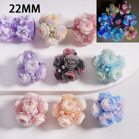 Clay Beads Luminous Colorful Glitter Rose Flower White Pearls, 22MM, Random Mix