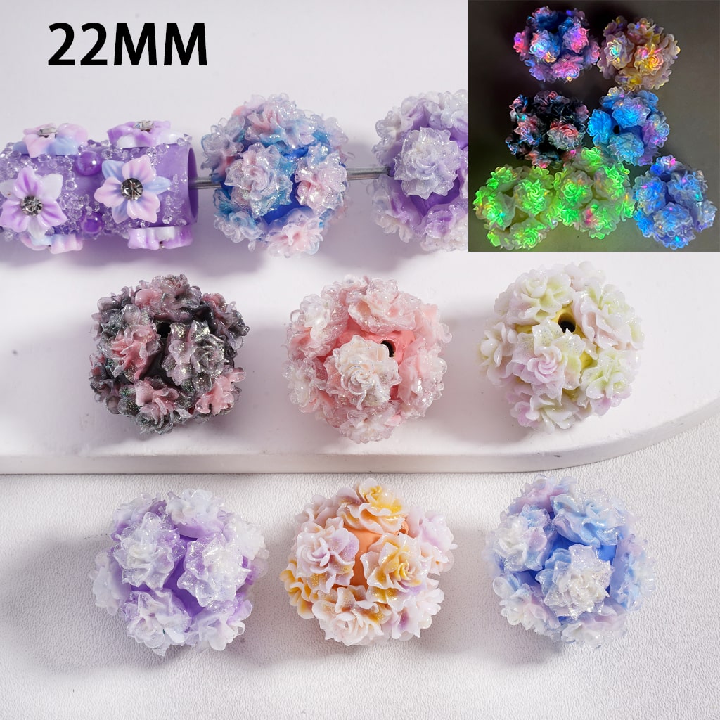 Clay Beads Luminous Colorful Glitter Rose Flower White Pearls, 22MM, Random Mix