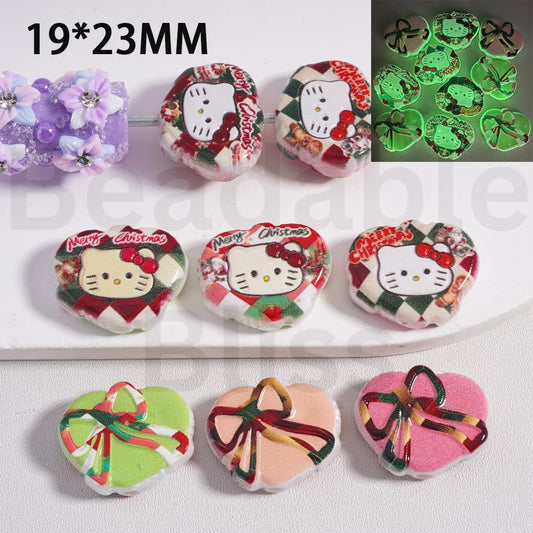 Acrylic Beads  Luminous Cute Hearts with Hello Kitt Bowknot Merry Christmas, 19*23MM, Random Mix