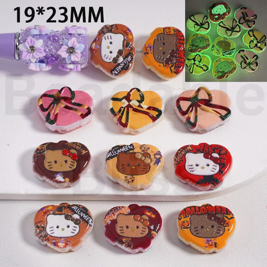 Acrylic Beads  Luminous Cute Hearts with Hello Kitt Bowknot Halloween, 19*23MM, Random Mix