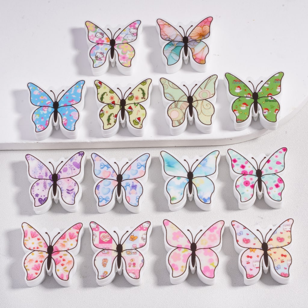Silicone Focal Beads Cute Butterfly with Different Prints Mix