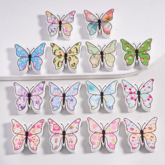 Silicone Focal Beads Cute Butterfly with Different Prints Mix