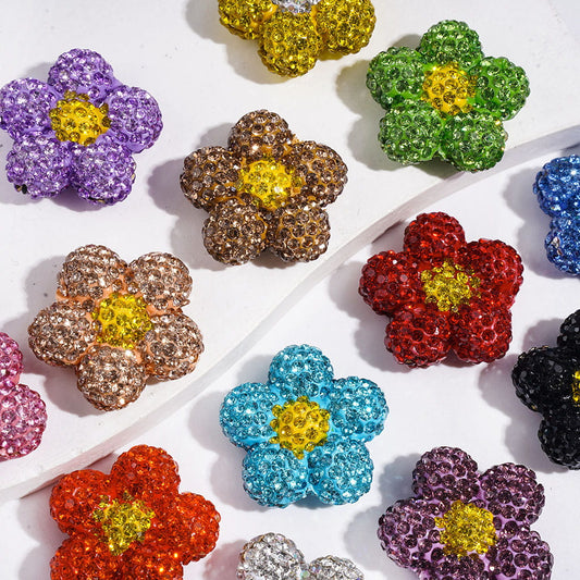 Clay Beads Five Petaled Flower with Cone Shaped Rhinestones, 24*24MM Multi-Color Random Mix