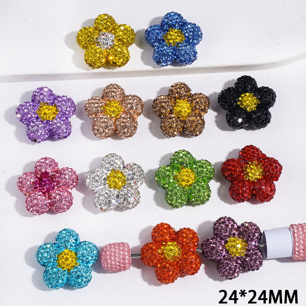Clay Beads Five Petaled Flower with Cone Shaped Rhinestones, 24*24MM Multi-Color Random Mix