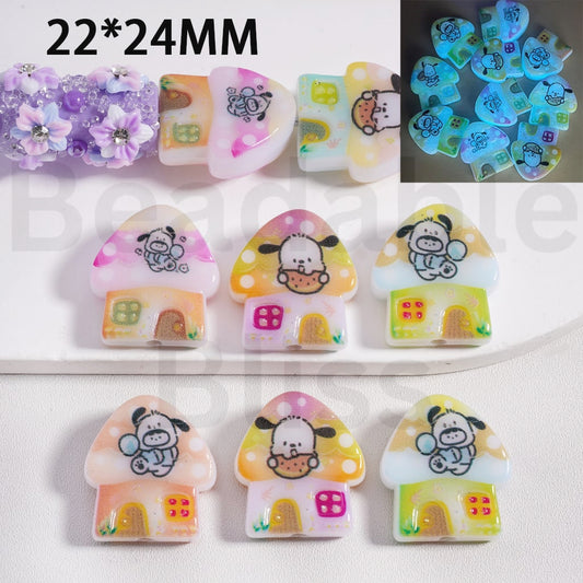 Acrylic Beads Luminous Cute Mushroom House with Pochacc, 22*24MM, Random Mix