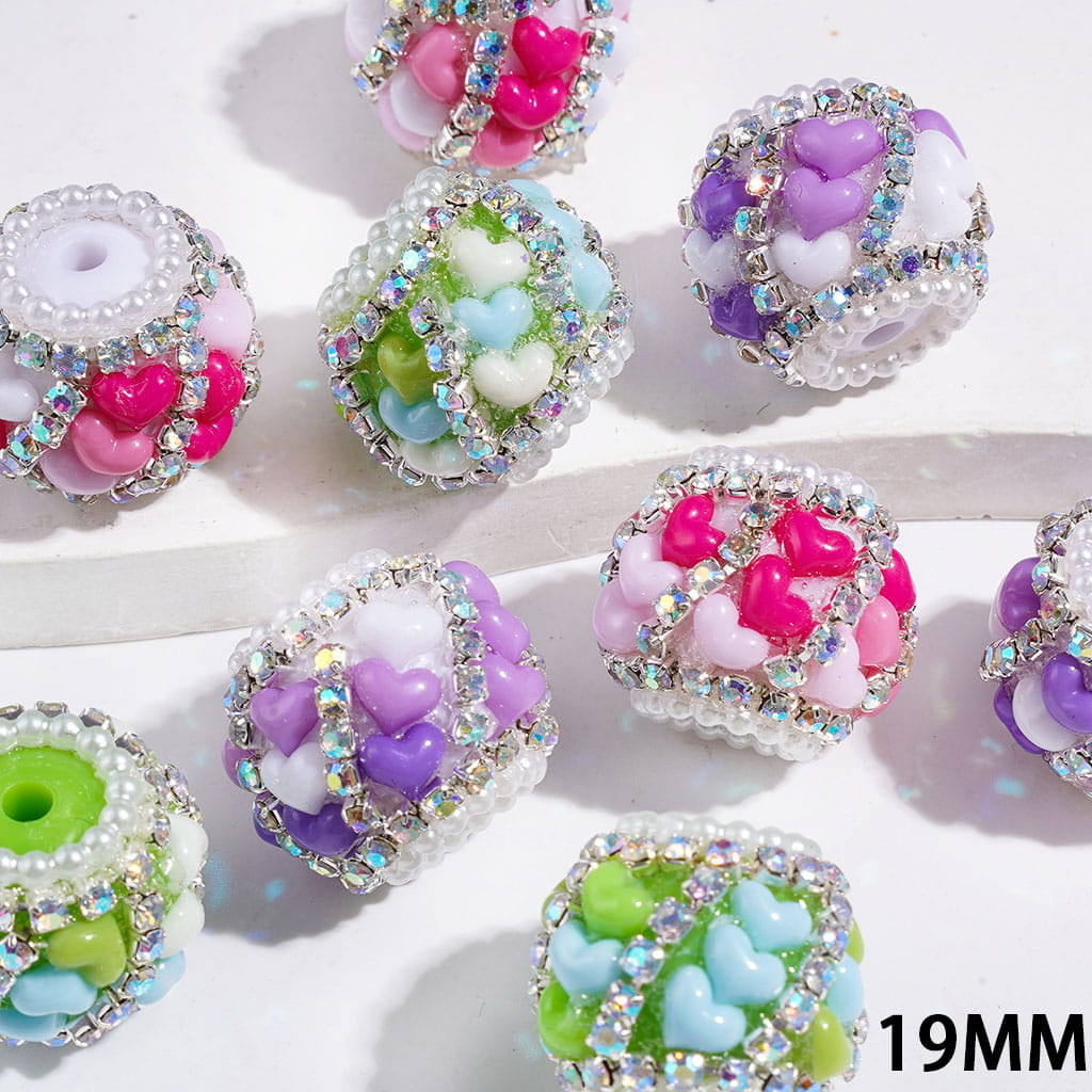Handmade Acrylic Beads with Macaron Colors Heart Rhinestone, White Pearl Ball and Gold and Silver Chains, 19MM Random Mix