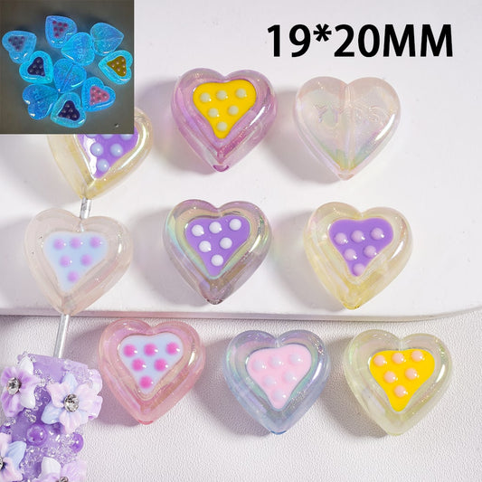 Acrylic Beads UV Coating Luminous Glitter Hearts with Mini Spots, 19*20MM, Random Mix