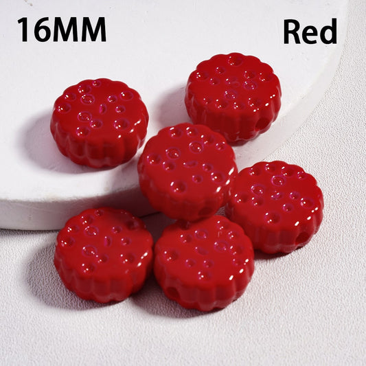 Red beads with textured surface on a white background, labeled '16MM' and 'Red'.

