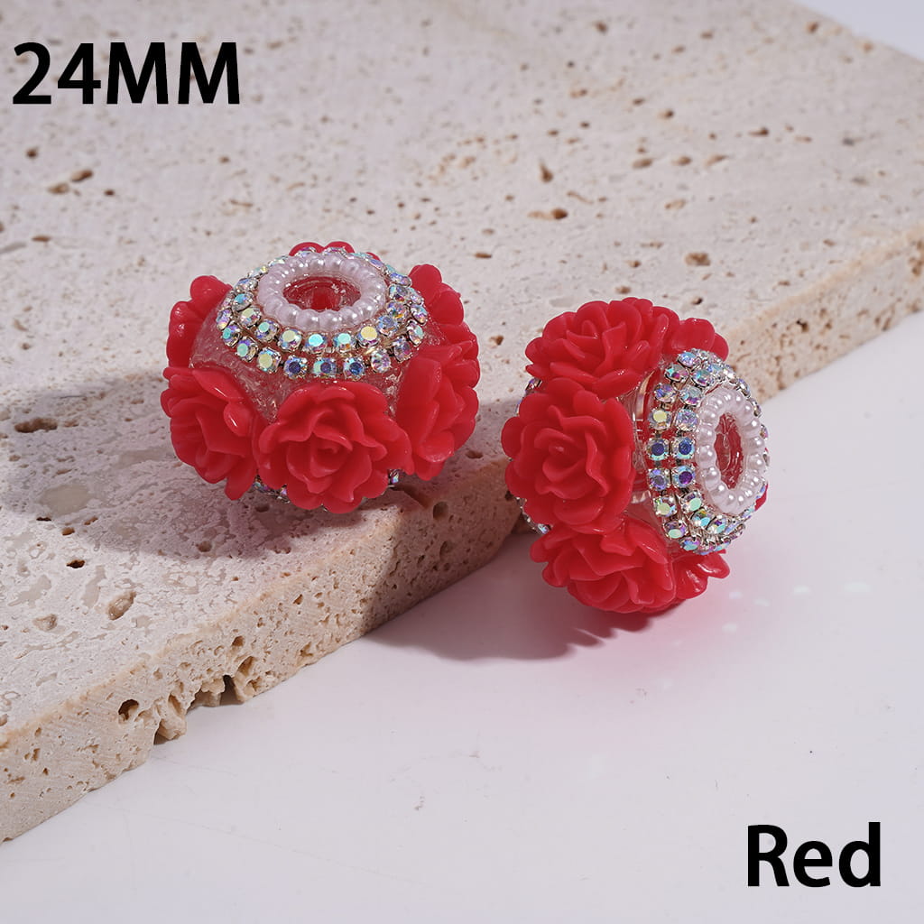 Handcrafted Acrylic Beads with Rose Flowers and Double Layer AB Rhinestone Chains, White Pearl Chains, 24MM, Multi-Color
