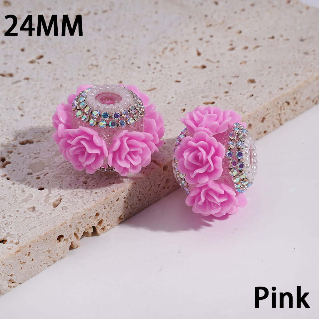 Handcrafted Acrylic Beads with Rose Flowers and Double Layer AB Rhinestone Chains, White Pearl Chains, 24MM, Multi-Color