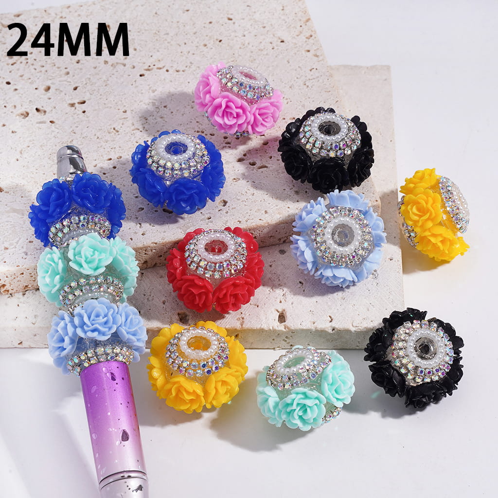 Handcrafted Acrylic Beads with Rose Flowers and Double Layer AB Rhinestone Chains, White Pearl Chains, 24MM, Multi-Color