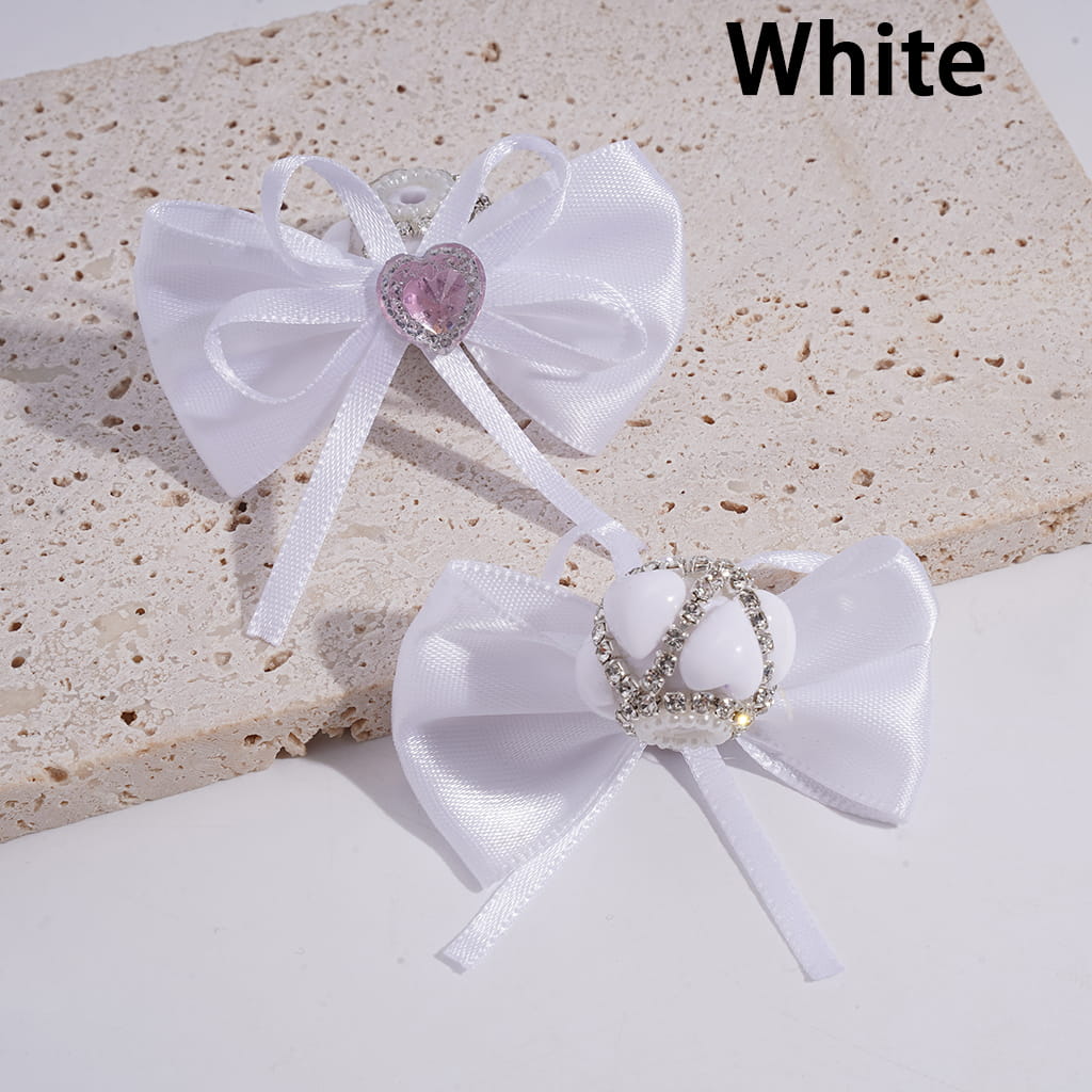 Handmade Acrylic Beads w Hearts Clear Rhinestone & White Pearl Chains, Gorgeous Fabric Bowtie w Heart Rhinestone, Multi-Color