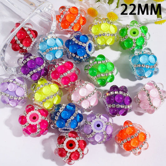 Handmade Acrylic Beads with Half-Shell Pearls & Clear Rhinestone Chains, White Pearl Chains, 22MM, Fluorescence Color, Random Mix
