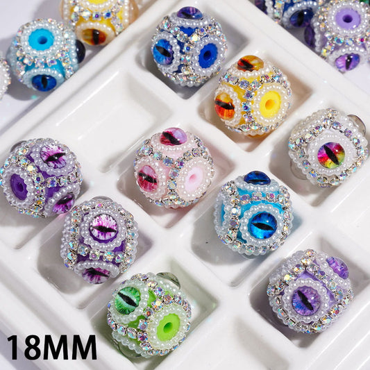 Hand-Made Acrylic Beads with Evil Eyes, AB Rhinestone and White Pearl Chains, 18MM Multi-Color Random Mix