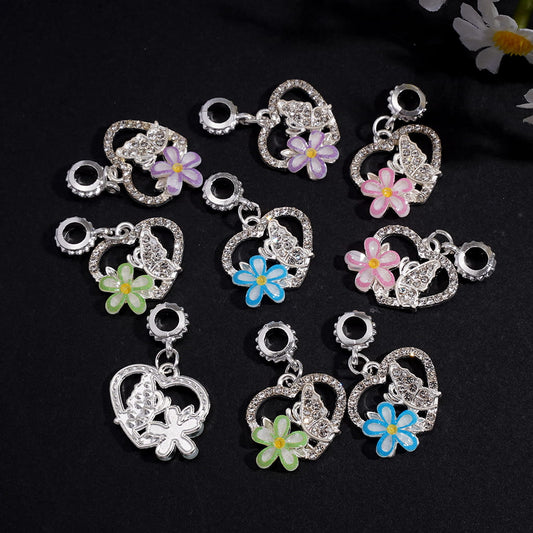 Metal Bail Jump Ring Beads, Charm Pendants Heart Frame with Flower Butterfly Clear Rhinestones, Random Mix