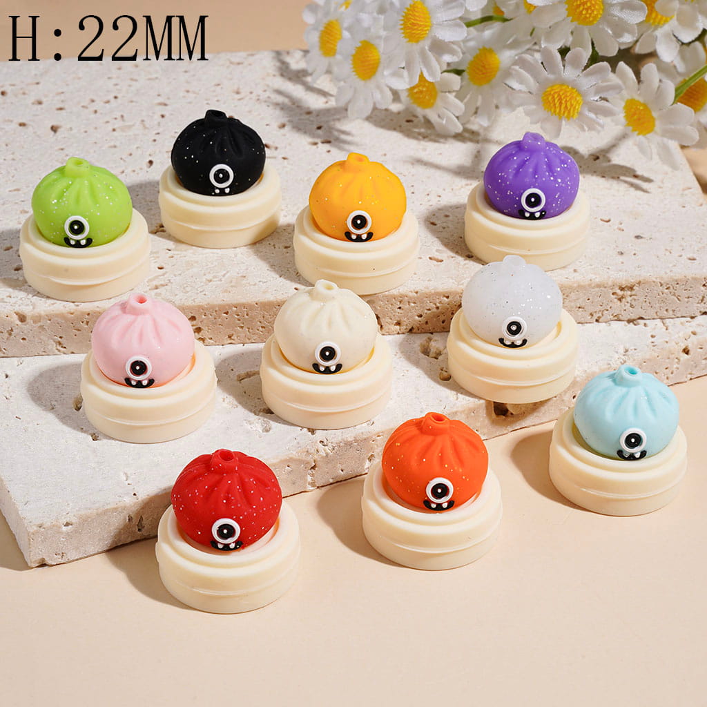 3D Funny Monster Dumpling and Steamer Basket with Silver Glitter Silicone Focal Beads, Height 22MM Multi-Color