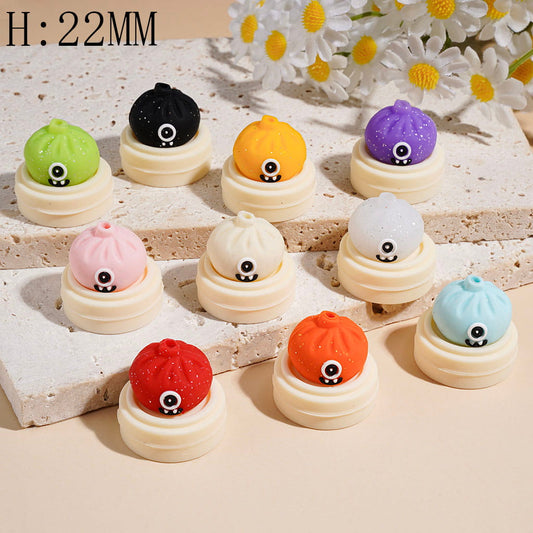 3D Funny Monster Dumpling and Steamer Basket with Silver Glitter Silicone Focal Beads, Height 22MM Multi-Color