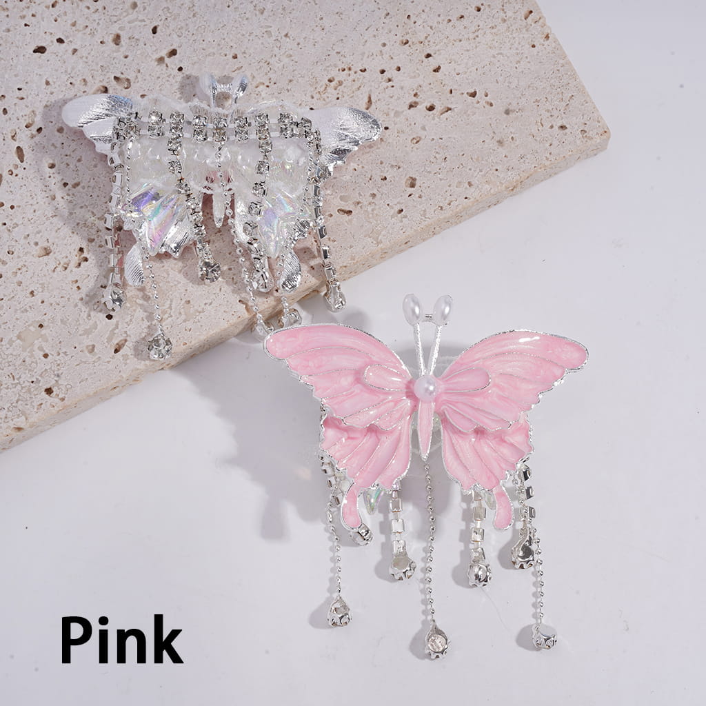 Dazzling Acrylic Bowtie Beads w Exquisite Alloy Butterfly & White Pearls, w Clear Rhinestone Chains Tassels & White Fabric, Fluorescence Color, Jewelry Accessories
