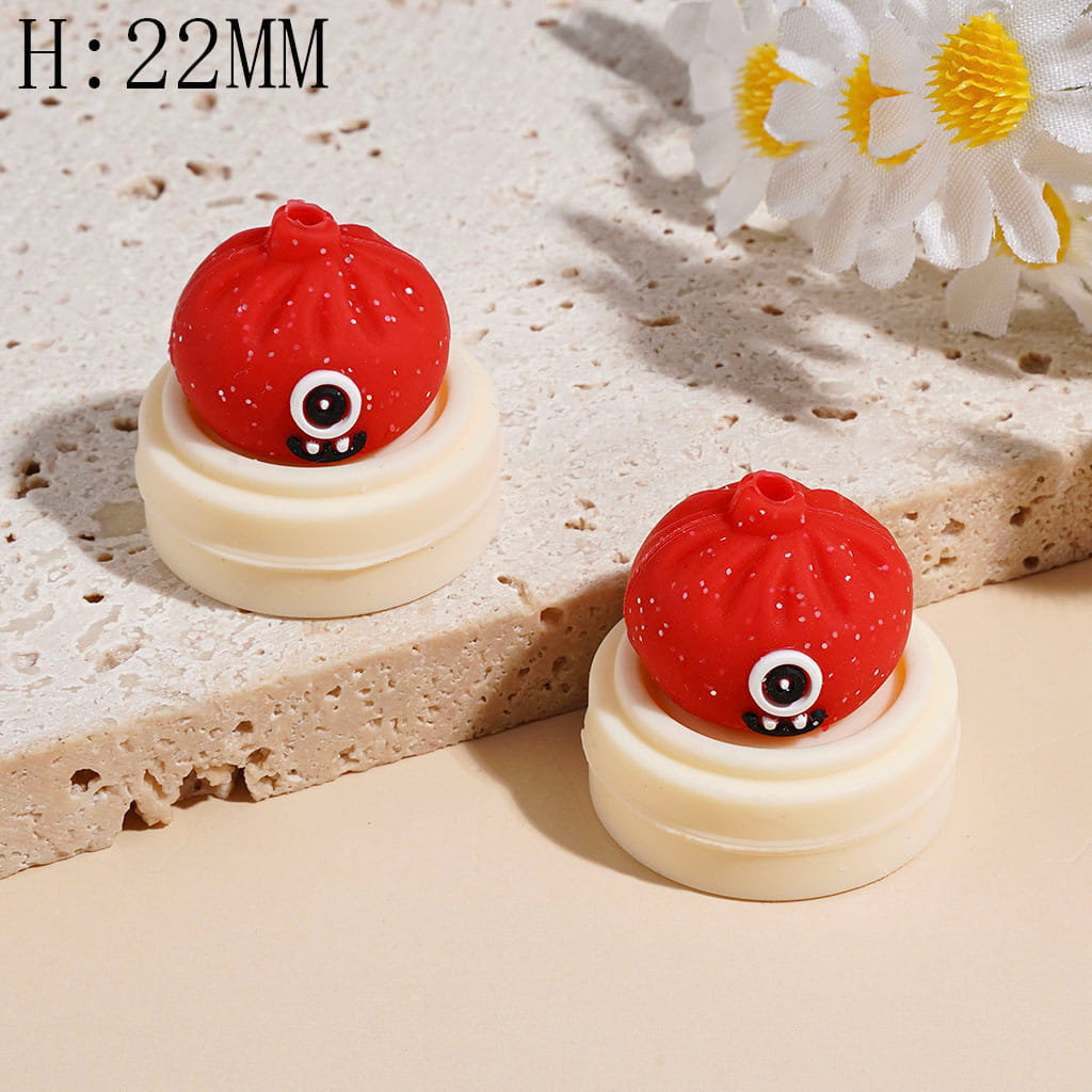 3D Funny Monster Dumpling and Steamer Basket with Silver Glitter Silicone Focal Beads, Height 22MM Multi-Color