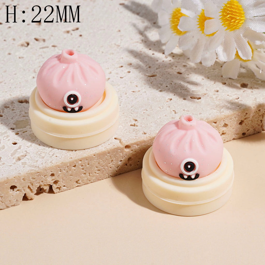 3D Funny Monster Dumpling and Steamer Basket with Silver Glitter Silicone Focal Beads, Height 22MM Multi-Color