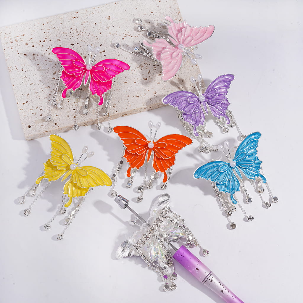 Dazzling Acrylic Bowtie Beads w Exquisite Alloy Butterfly & White Pearls, w Clear Rhinestone Chains Tassels & White Fabric, Fluorescence Color, Jewelry Accessories