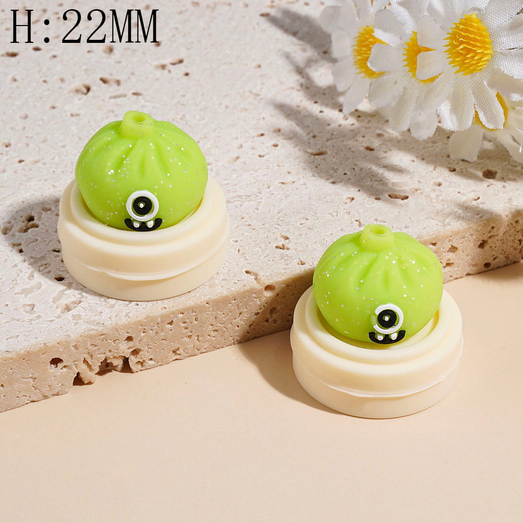 3D Funny Monster Dumpling and Steamer Basket with Silver Glitter Silicone Focal Beads, Height 22MM Multi-Color