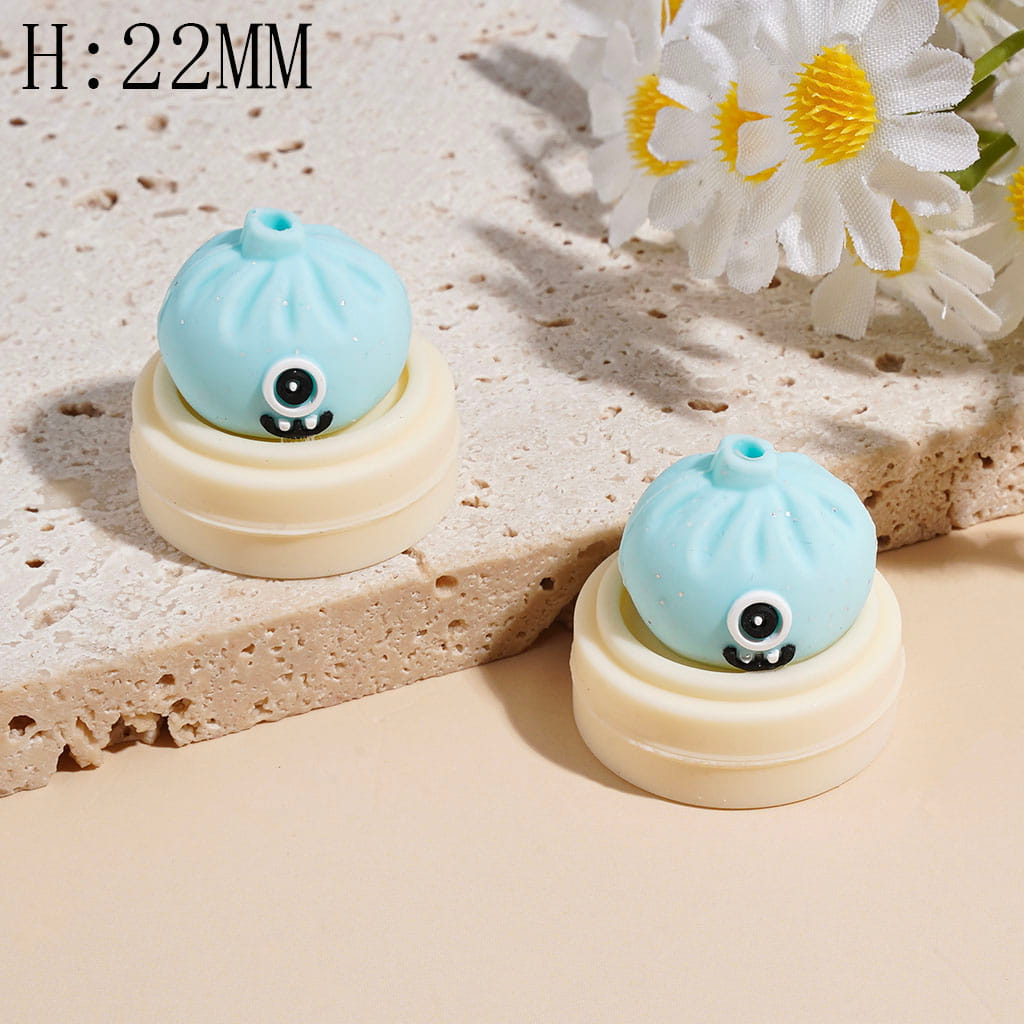 3D Funny Monster Dumpling and Steamer Basket with Silver Glitter Silicone Focal Beads, Height 22MM Multi-Color