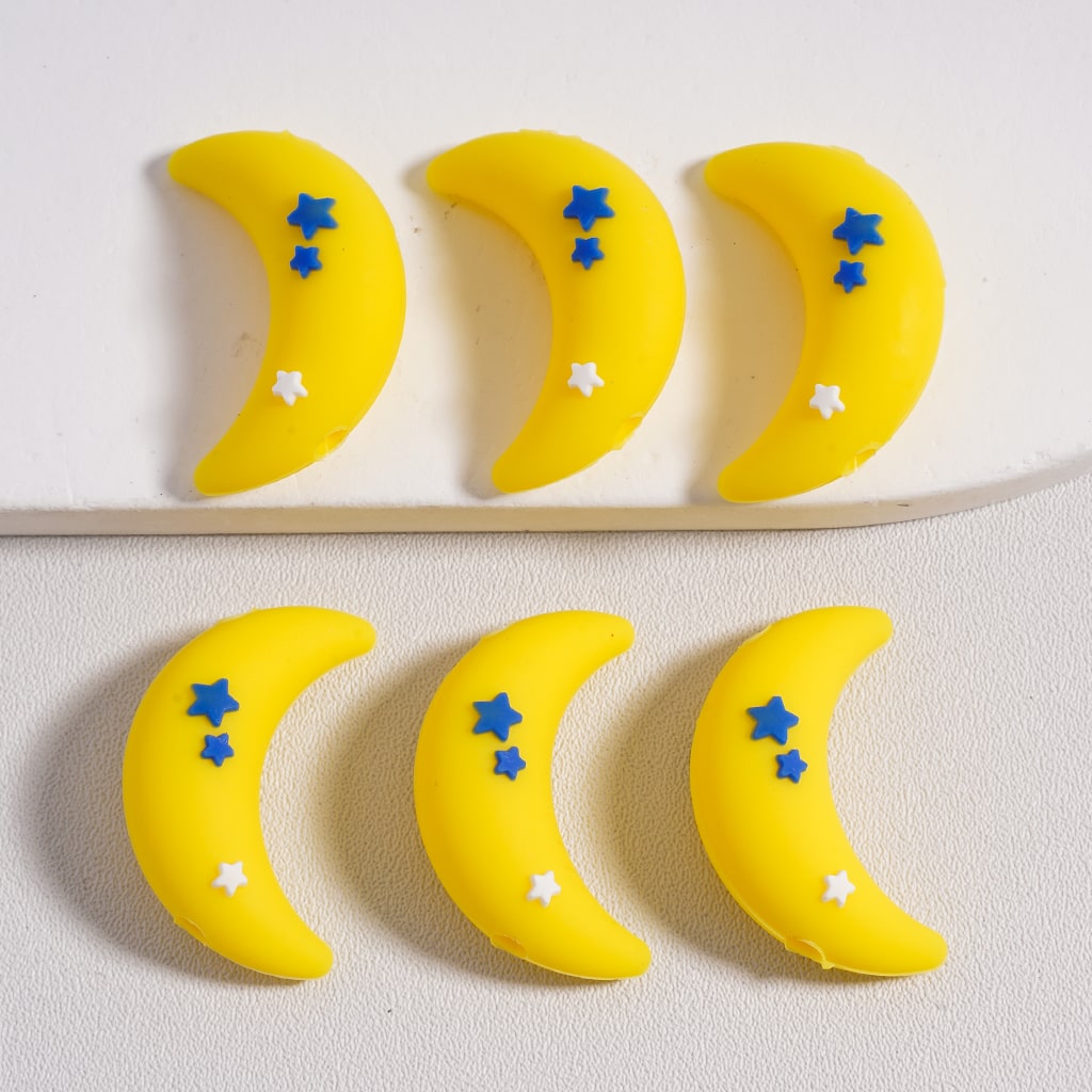 Silicone Focal Beads 3D Cute Crescent Moon with Stars in Yellow & Blue Color