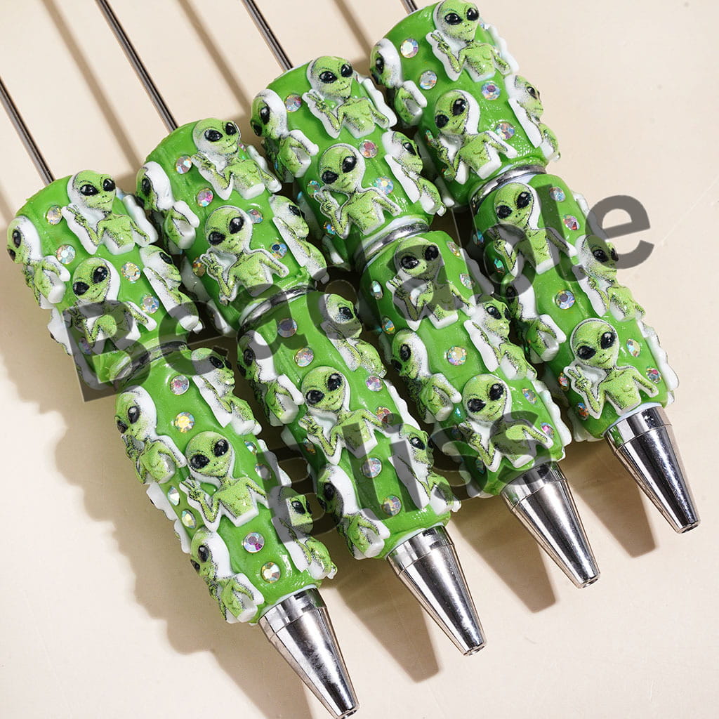 Beadable Clay Pens with Green Alien Making Funny Gesture and AB Rhinestones