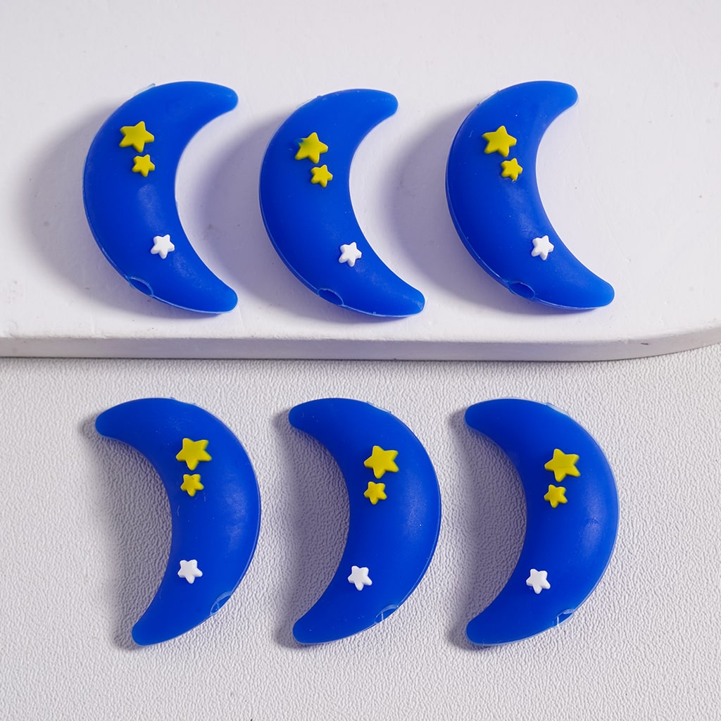 Silicone Focal Beads 3D Cute Crescent Moon with Stars in Yellow & Blue Color