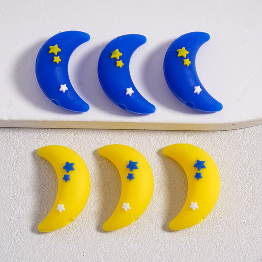 Silicone Focal Beads 3D Cute Crescent Moon with Stars in Yellow & Blue Color