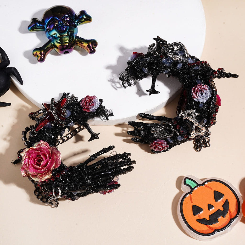 Gothic Black Crescent Moon Fabric Acrylic Beads, Metal Skull Hand Cross Snake Bird, Red Star Rose Flowers Chains Rhinestones