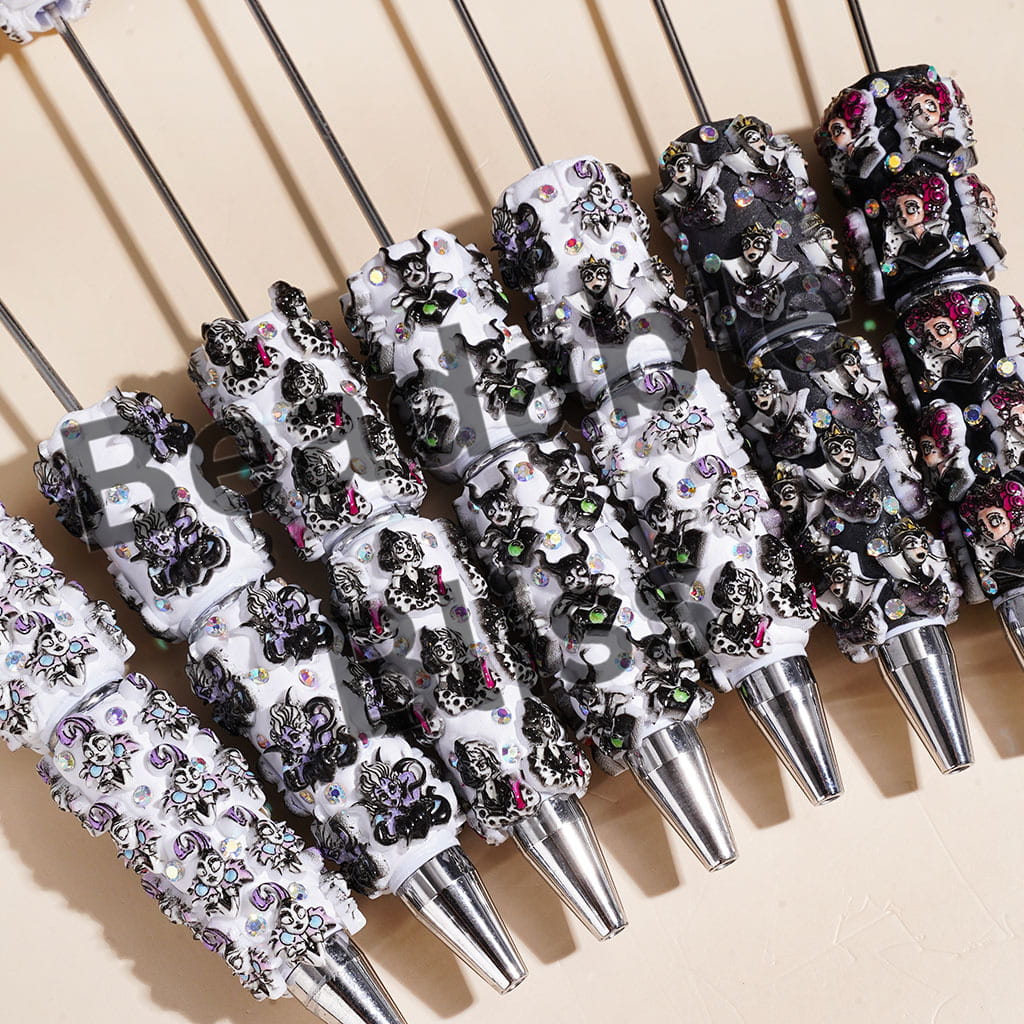 Beadable Clay Pens with Classic Animation Evil Villain Character and AB Rhinestones, Random Mix