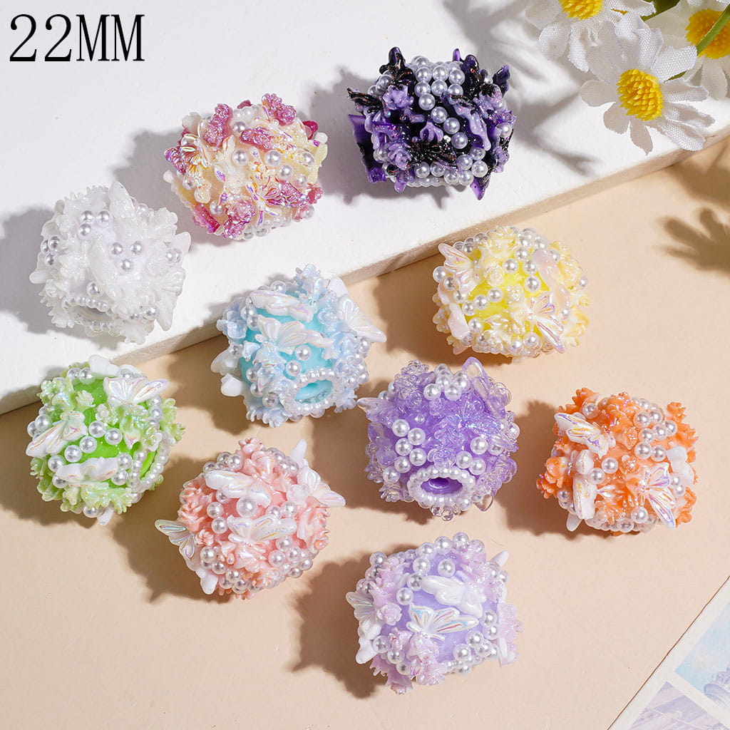 Gradient Colors Glittery Butterfly Wings with Rose Flower and White Pearl Handmade Acrylic Beads, 22MM, Multi-Color, Random Mix