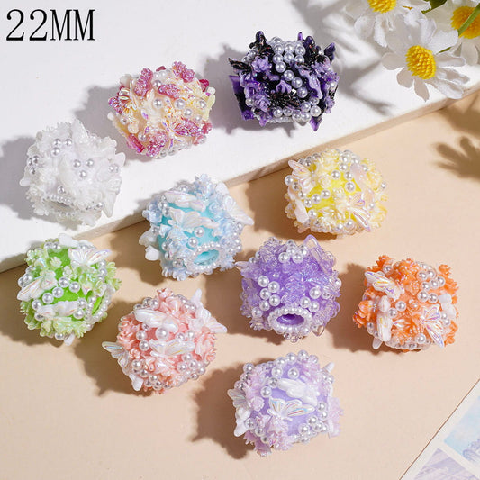 Gradient Colors Glittery Butterfly Wings with Rose Flower and White Pearl Handmade Acrylic Beads, 22MM, Multi-Color, Random Mix