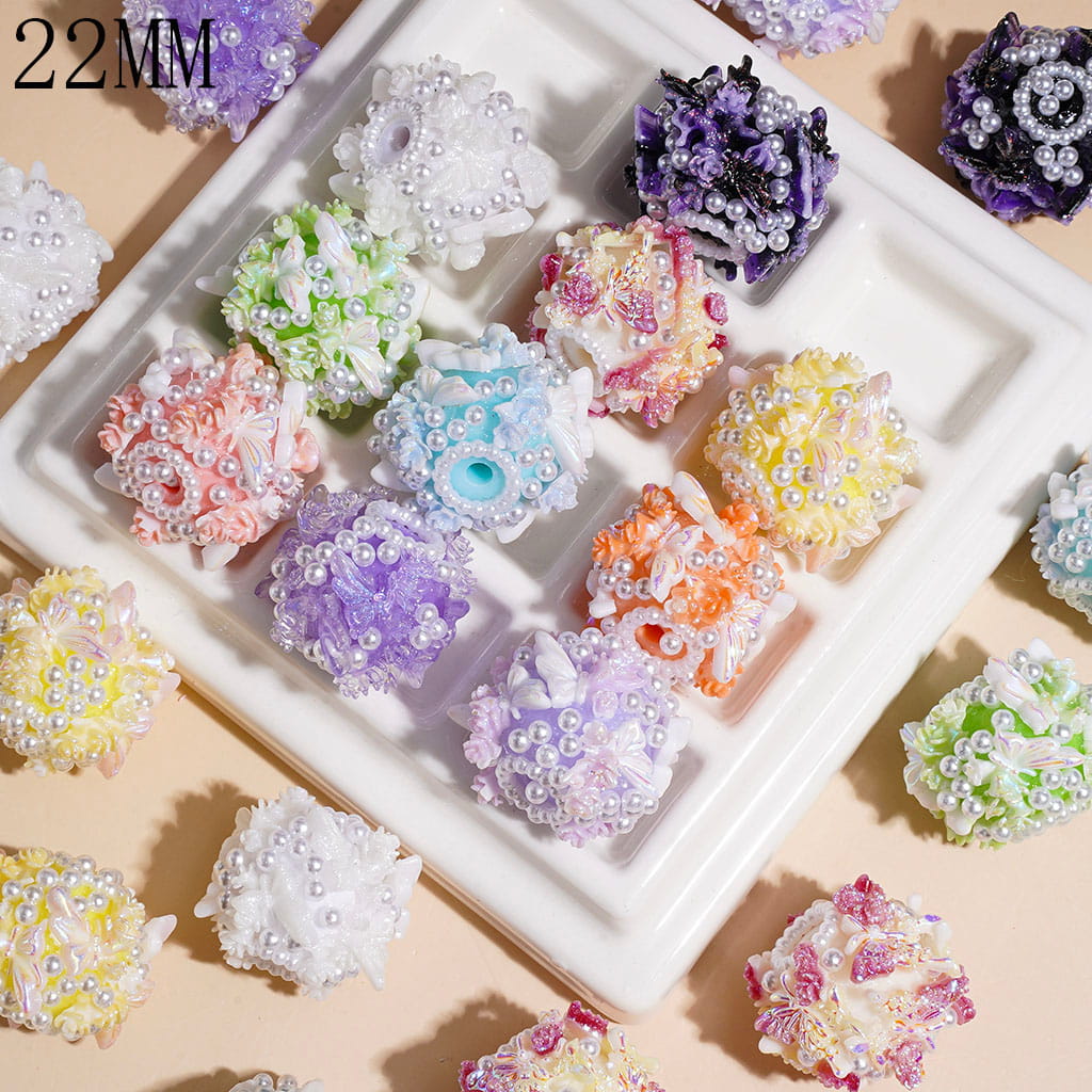 Gradient Colors Glittery Butterfly Wings with Rose Flower and White Pearl Handmade Acrylic Beads, 22MM, Multi-Color, Random Mix