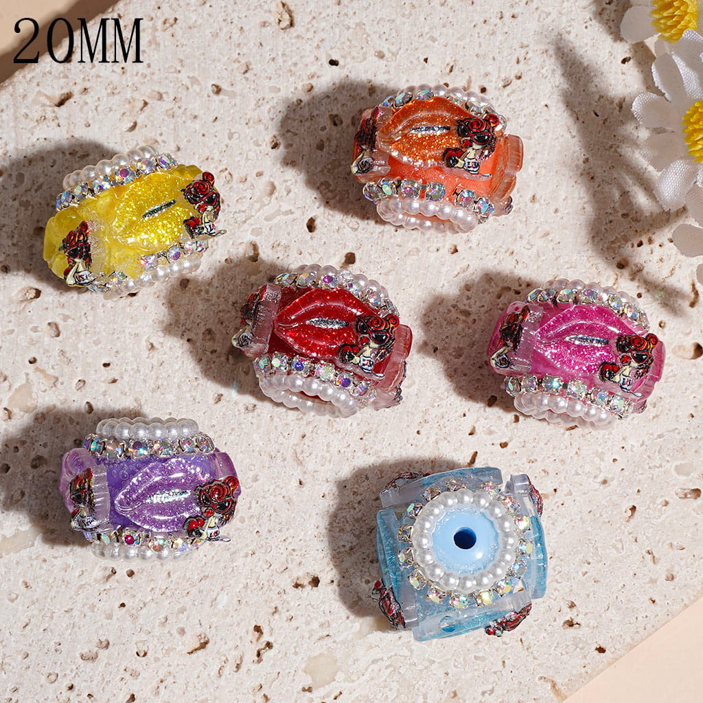 Handmade Acrylic Beads Lips w Glitter and Fashionable Girl, AB Rhinestone & White Pearl Chains, 20MM Random Mix Multi-Color