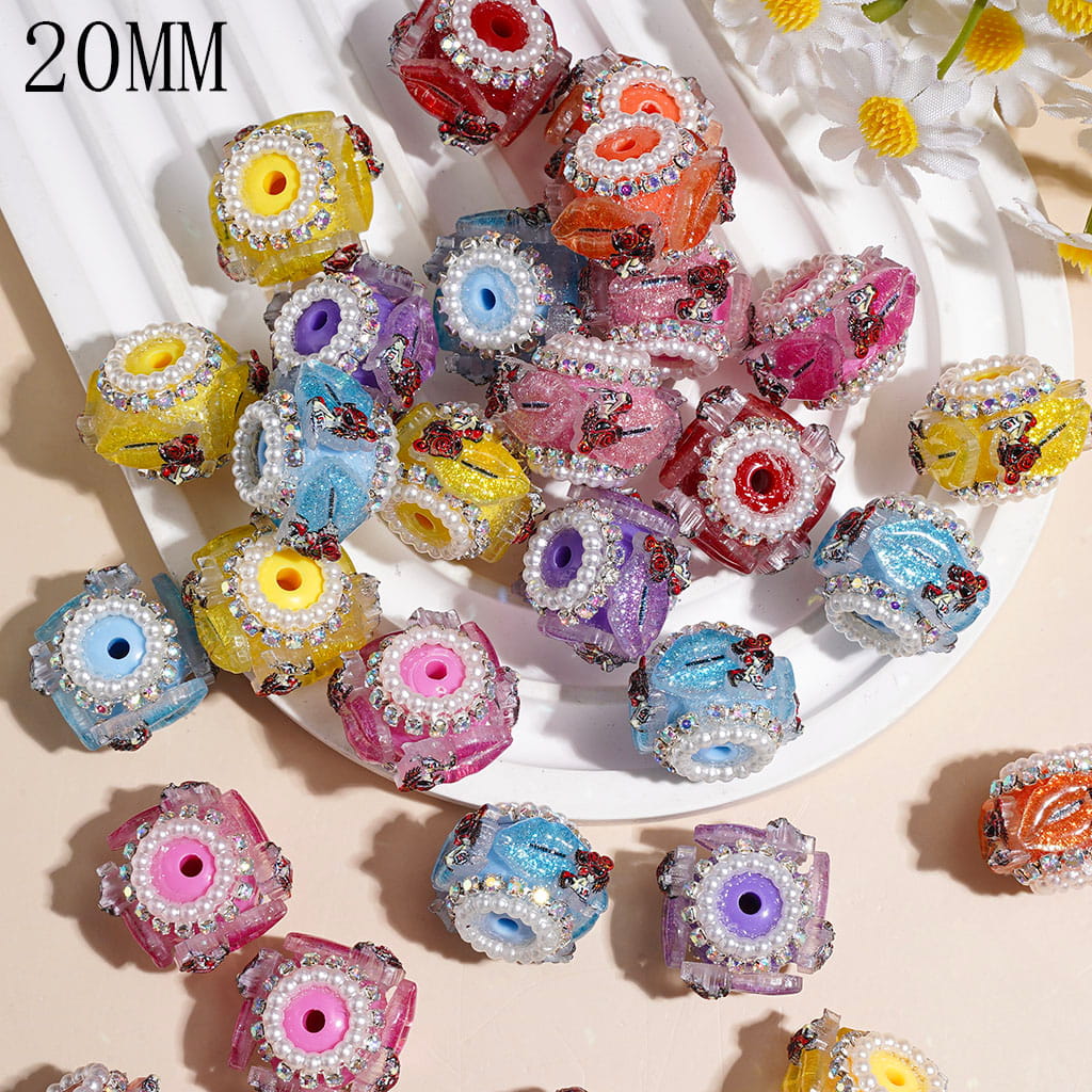 Handmade Acrylic Beads Lips w Glitter and Fashionable Girl, AB Rhinestone & White Pearl Chains, 20MM Random Mix Multi-Color