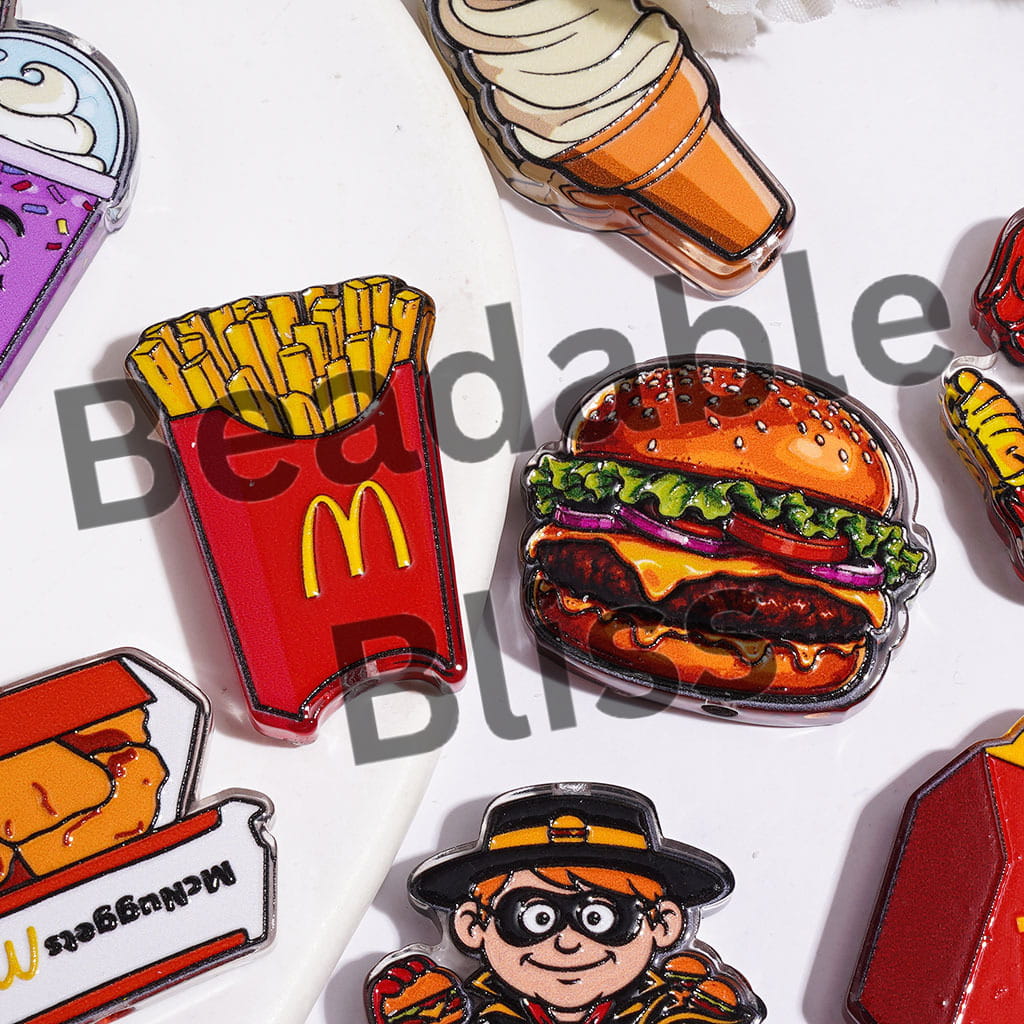 Acrylic Beads Classic Fast Food Series, Hamburger Soda Drink Cup Chips Ice-cream Clown, Random Mix