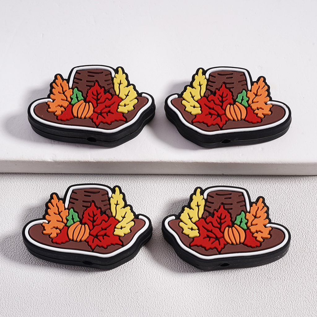 Silicone Focal Beads Cute Hat with Maple Leaves Thanksgiving Day