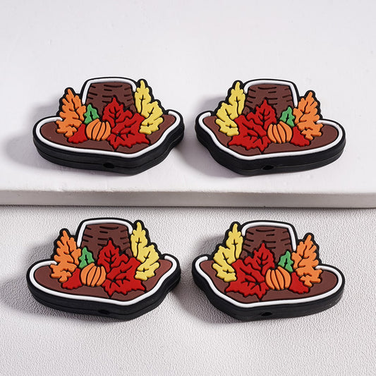 Silicone Focal Beads Cute Hat with Maple Leaves Thanksgiving Day