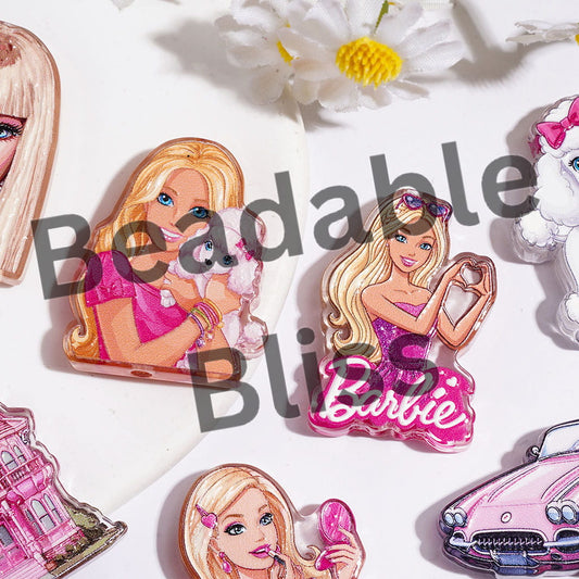 Pink Fashion Doll Poodle House Car Acrylic Beads, Random Mix