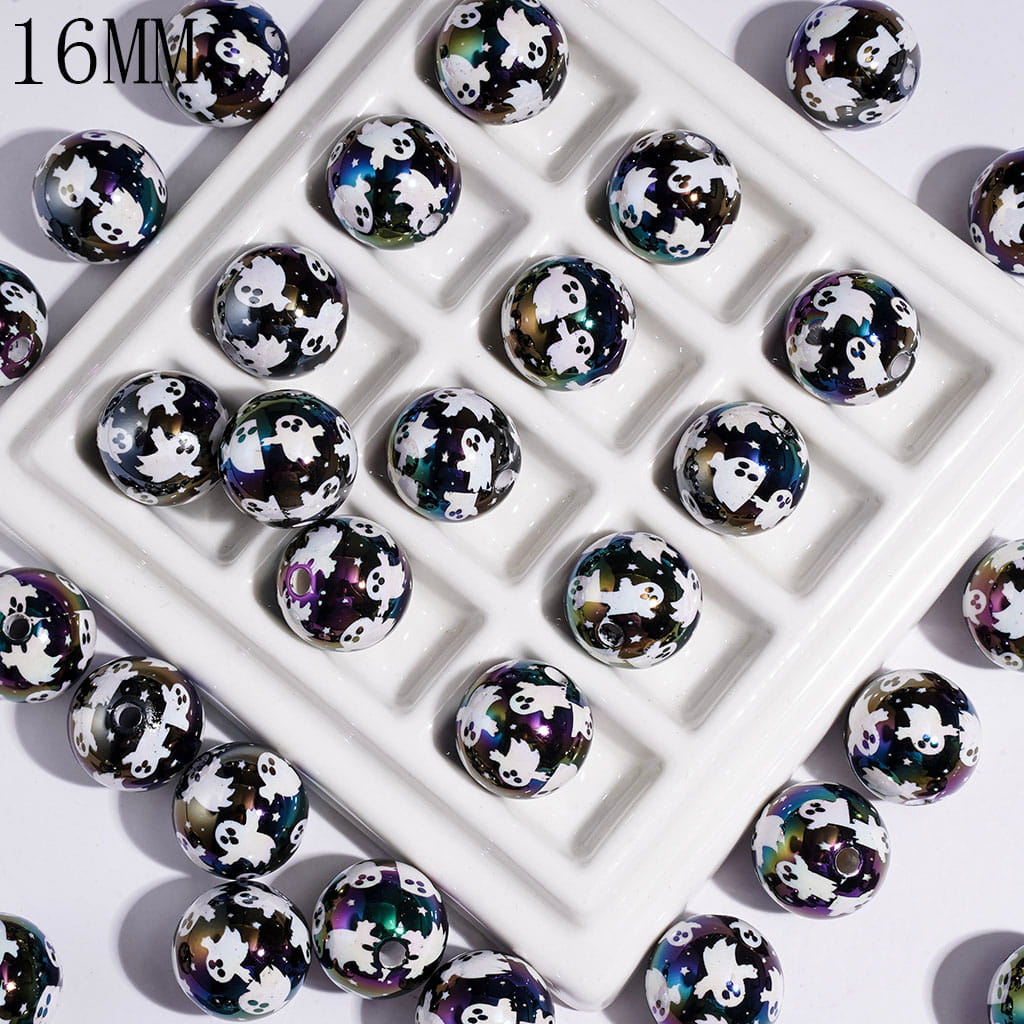 UV-Coated Acrylic Beads for Bracelets White Ghost Character Halloween Series, Black Background, 16MM
